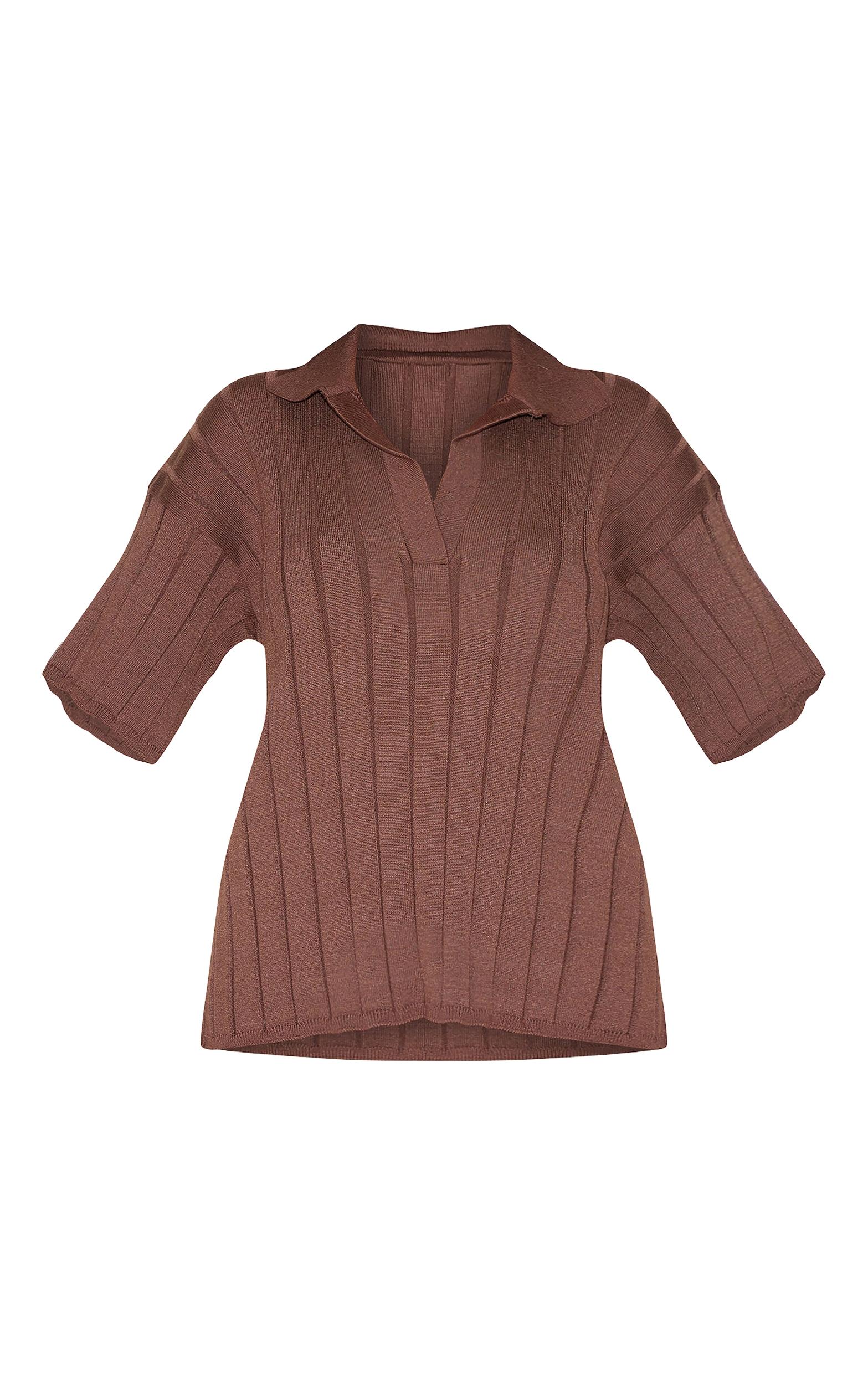 Petite Chocolate Rib Knit Oversized Polo Top Product Image