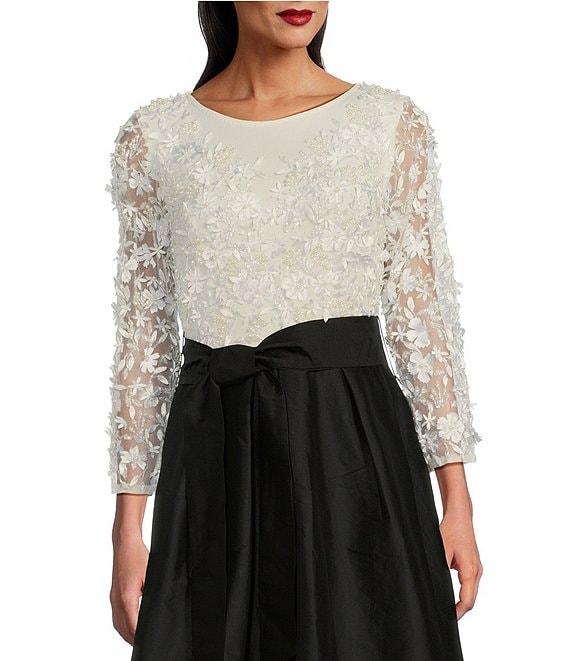 Pisarro Nights Petite Size 3D Floral Beaded Crew Neck 3/4 Sleeve Taffeta Skirt with Tie Sash Ball Gown Product Image
