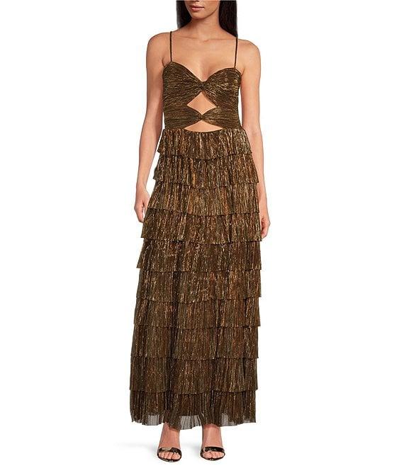 Gianni Bini Grace Metallic Plisse Sweetheart Neck Cut-Out Tiered Dress Product Image