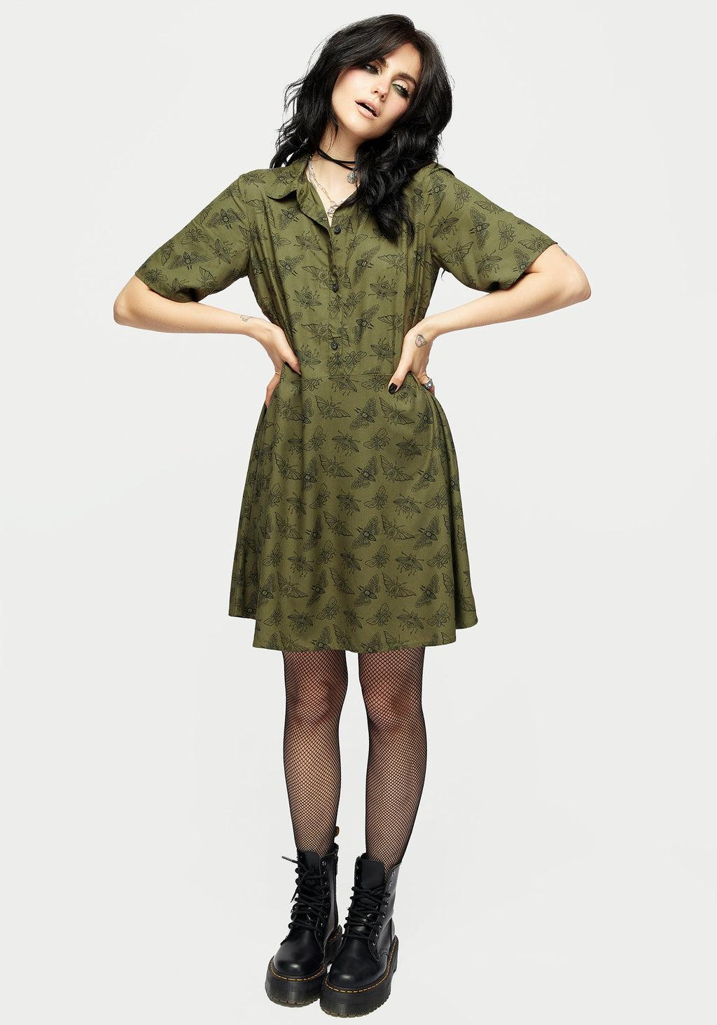 Mortmoth Print Mini Shirt Dress - Green Product Image