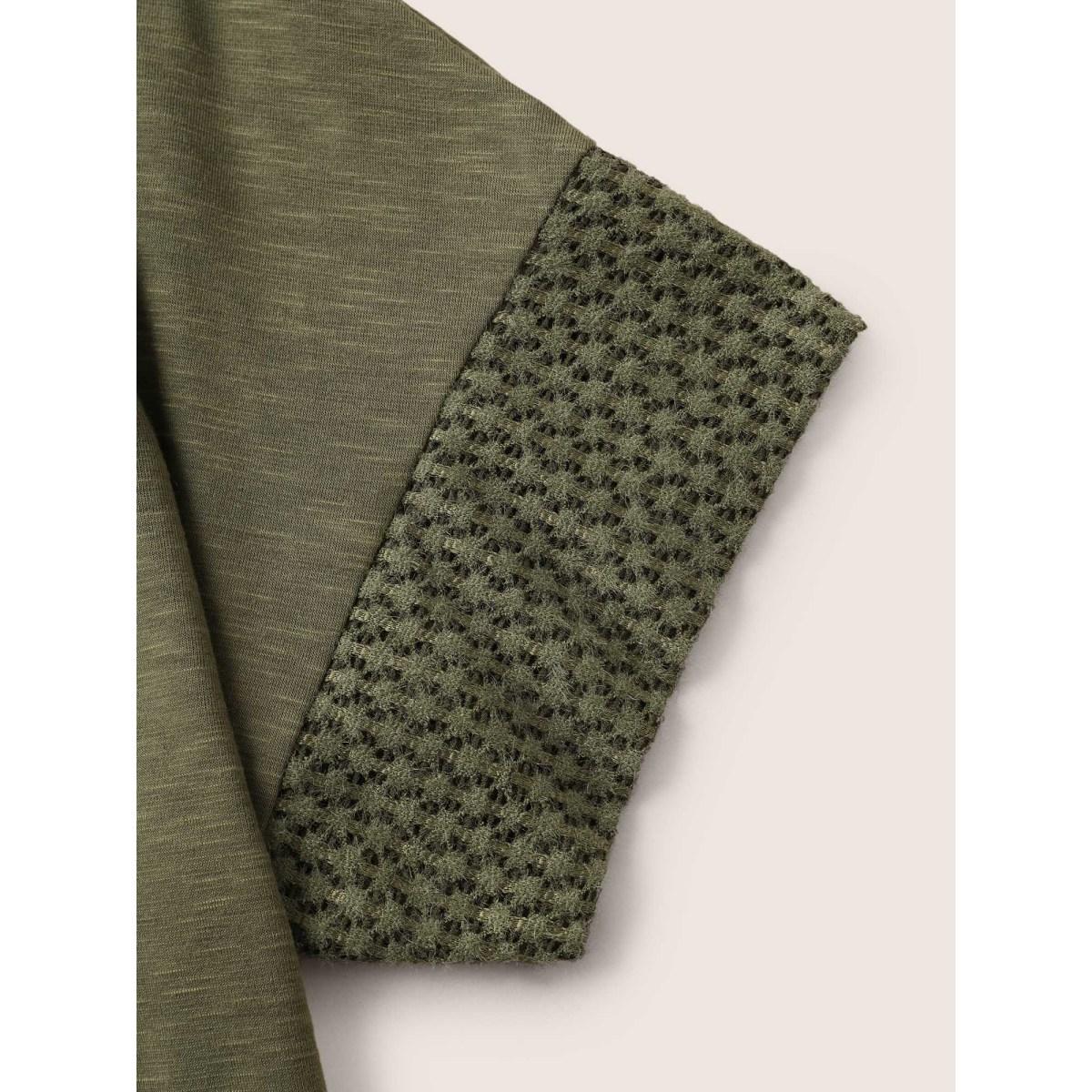 Plus Size Solid Lace Insert Batwing Sleeve T-shirt ArmyGreen Women Casual Texture Plain Round Neck Everyday T-shirts BloomChic 10/M Product Image