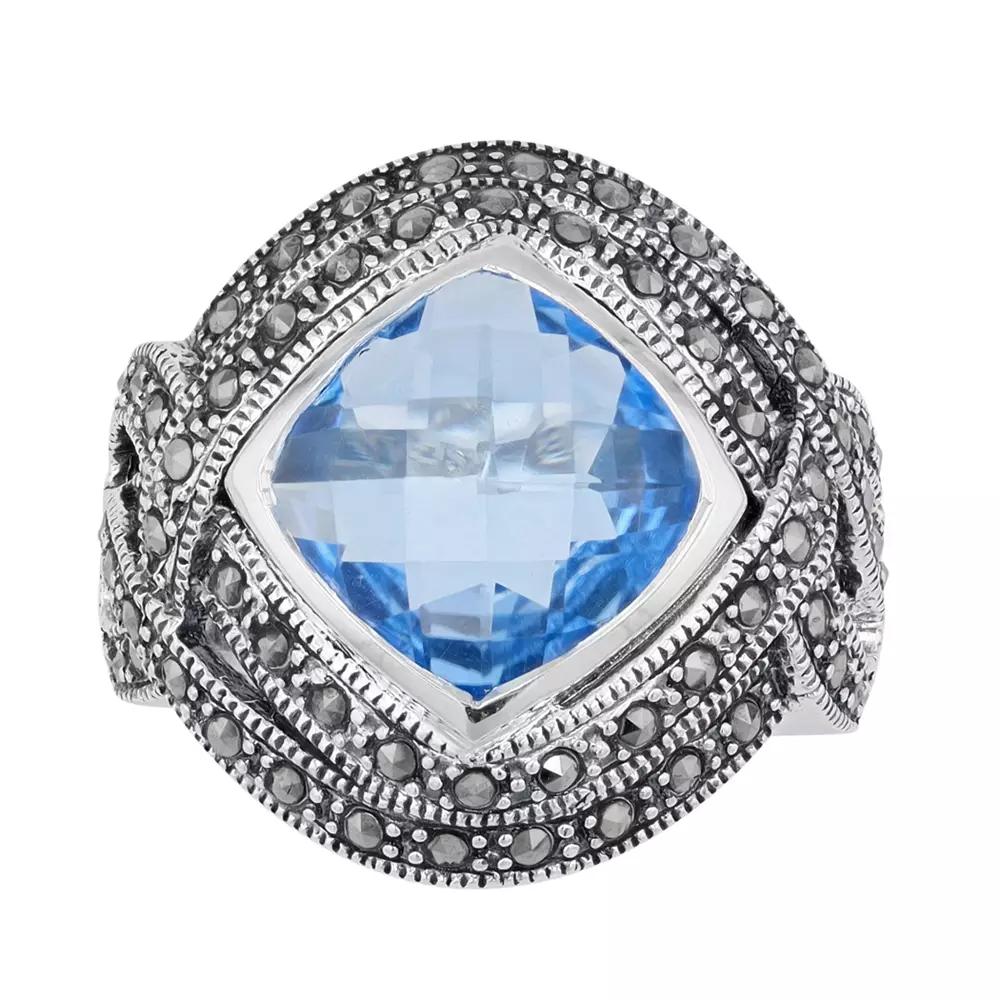 Lavish by TJM Sterling Silver Lab-Created Blue Quartz & Marcasite Cocktail Ring, Women's, Size: 7 Product Image