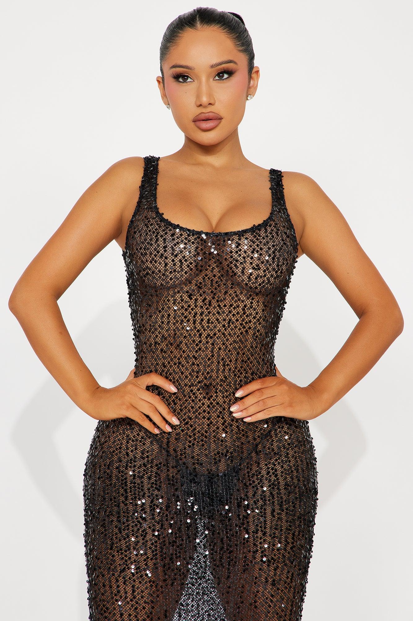 Stella Sequin Crochet Maxi Dress - Black Product Image