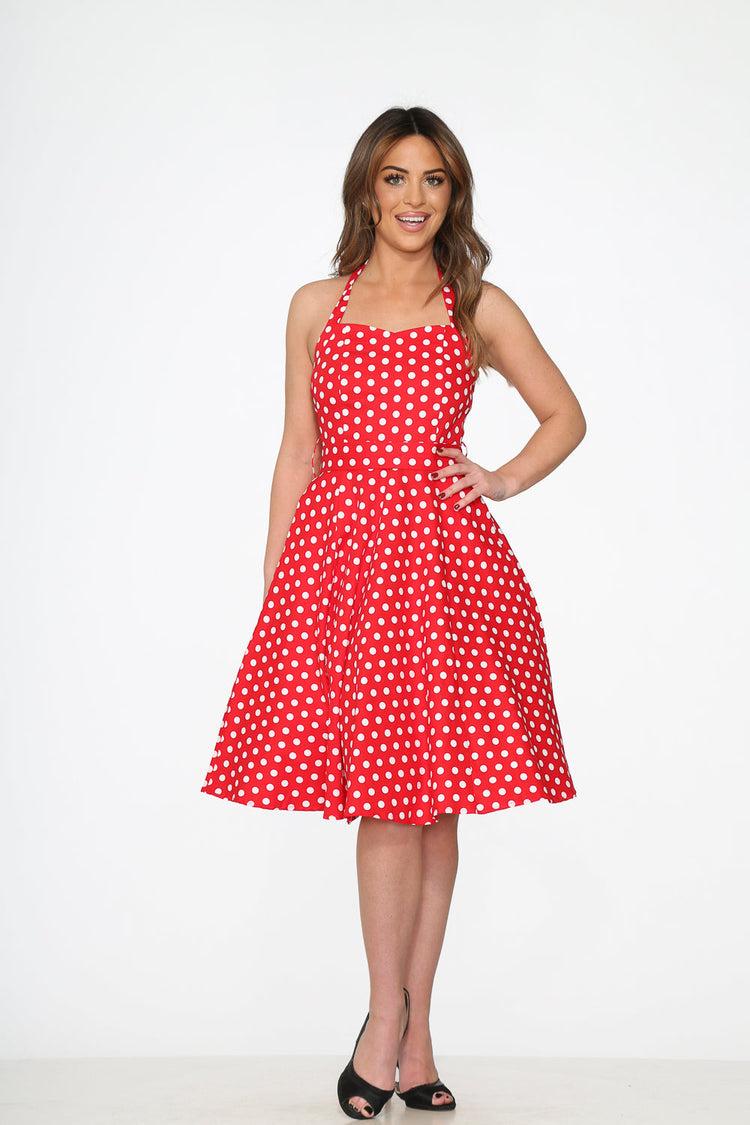 Red & White Polka Dot Halter Dress Product Image