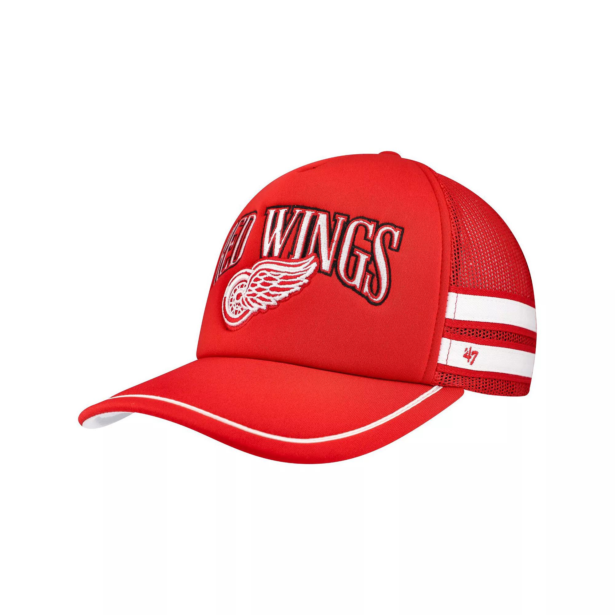 Men's '47 Red Detroit Red Wings Sideband Stripes Trucker Snapback Hat Product Image