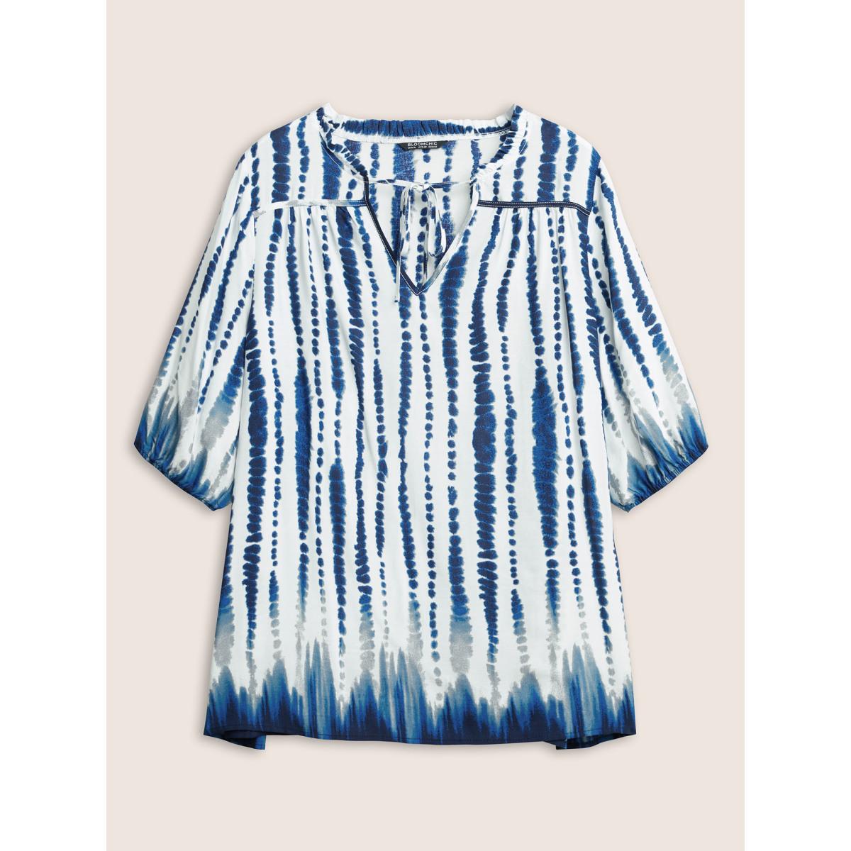 Plus Size DarkBlue Tie Dye Tie Neck Frill Trim Blouse Women Resort Half Sleeve Notched collar Vacation Blouses BloomChic 22-24/3X Product Image
