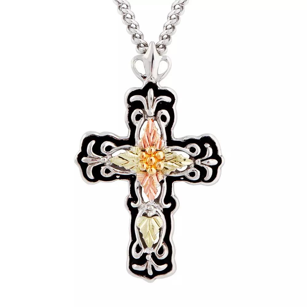 Black Hills Gold Tri-Tone Antiqued Cross Pendant Necklace in Sterling Silver, Women's, Size: 18" Product Image