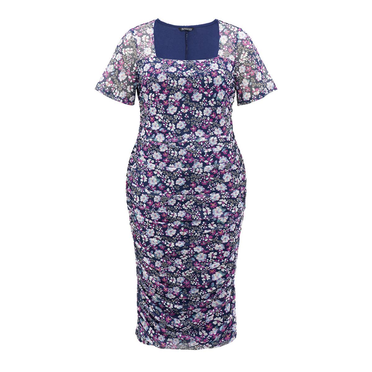 Plus Size Floral Print Ruched Square Neck Dress Stone Women Glamour Gathered Square Neck Short sleeve Curvy Midi Dress BloomChic 30/6X Product Image