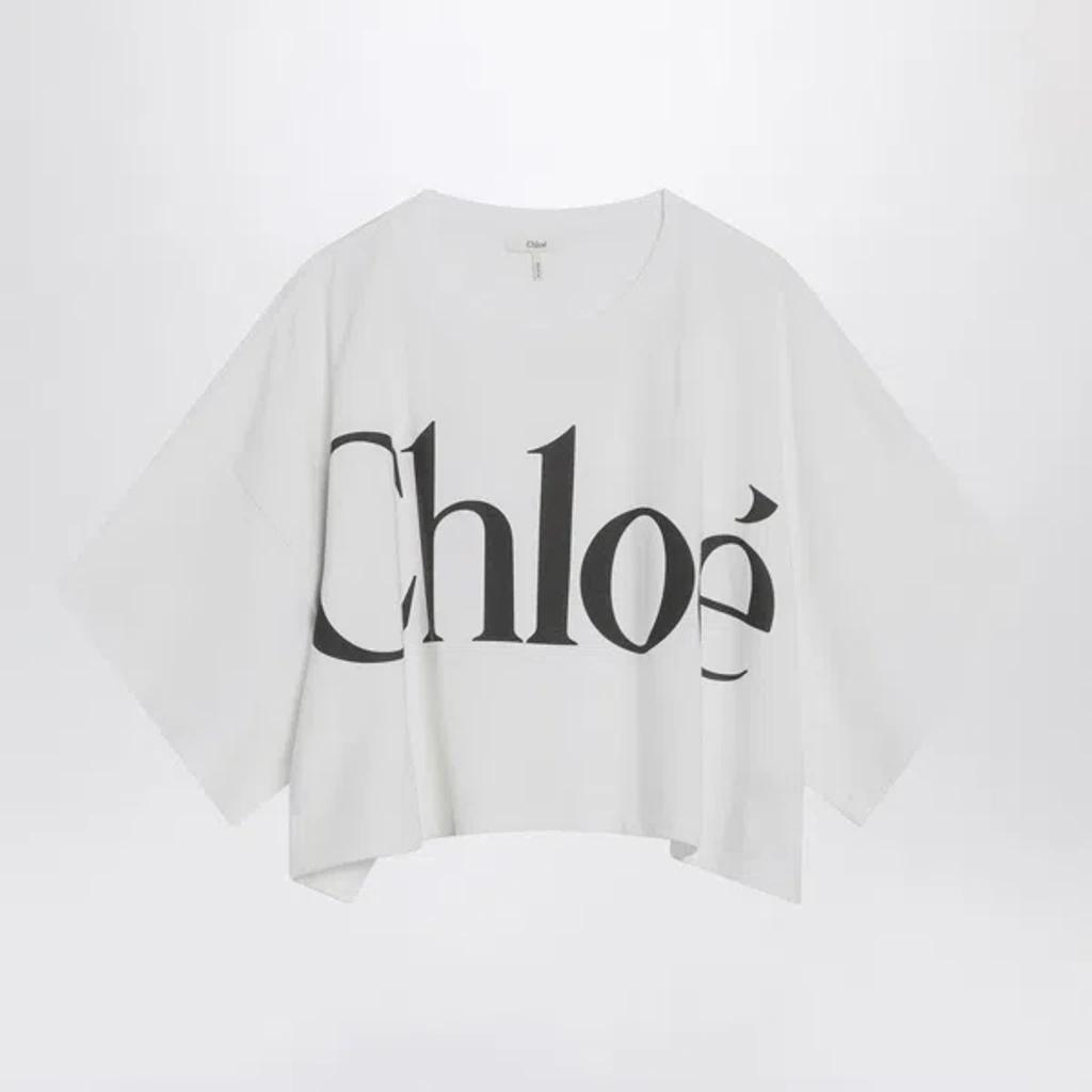 CHLOÉ White Cropped Crewneck T-shirt With Maxi Logo Print On The Front In Cotton Woman In Multicolor Product Image