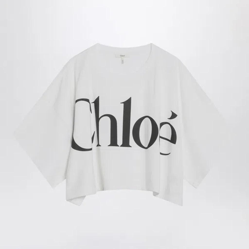 CHLOÉ White Cropped Crewneck T-shirt With Maxi Logo Print On The Front In Cotton Woman In Multicolor Product Image