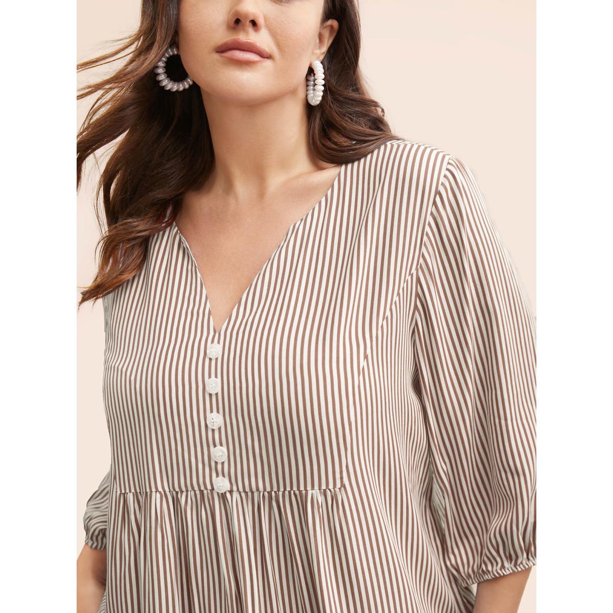 Plus Size LightBrown Striped Gathered Button Detail Lantern Sleeve Blouse Women Elegant Elbow-length sleeve V-neck Everyday Blouses BloomChic 18-20/2X Product Image