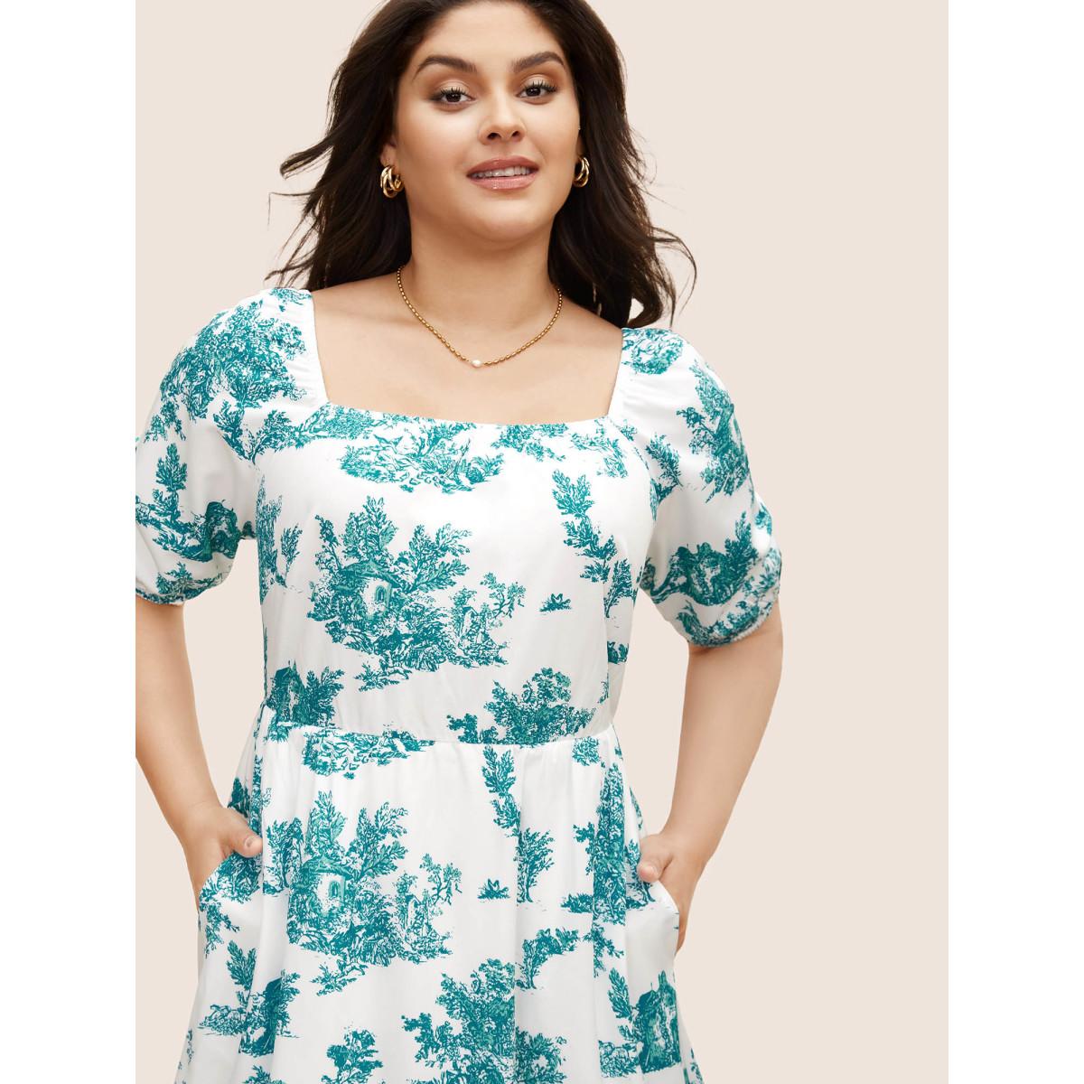 Plus Size Square Neck Floral Gathered Midi Dress Emerald Women Elegant Gathered Square Neck Half Sleeve Curvy BloomChic 30/6X Product Image