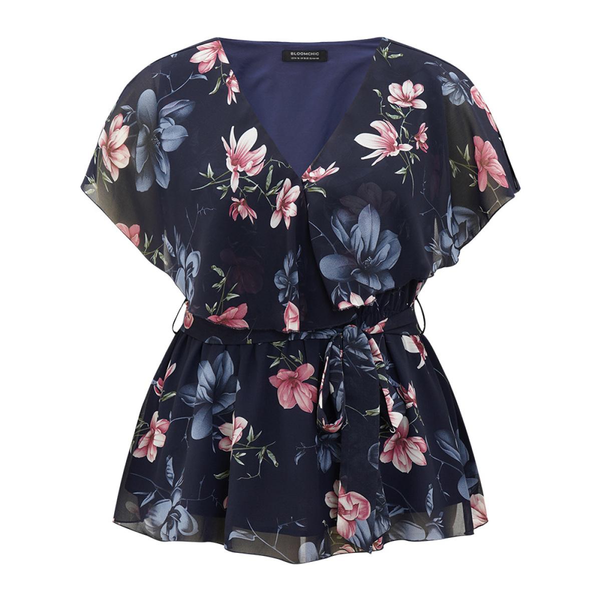 Plus Size Multicolor Floral Split Batwing Sleeve Wrap Mesh Belted Blouse Women Glamour Cap Sleeve Deep V-neck Going out Blouses BloomChic 28/5X Product Image