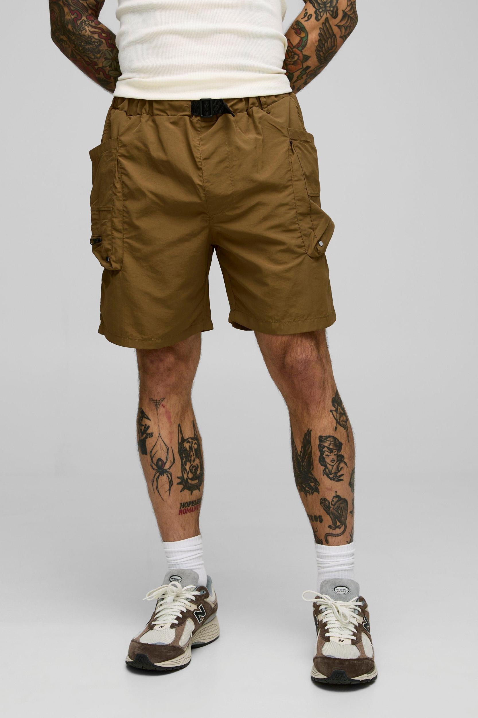 Elasticated Waist Relaxed Crinkle Nylon Cargo Shorts | boohooMAN USA Product Image