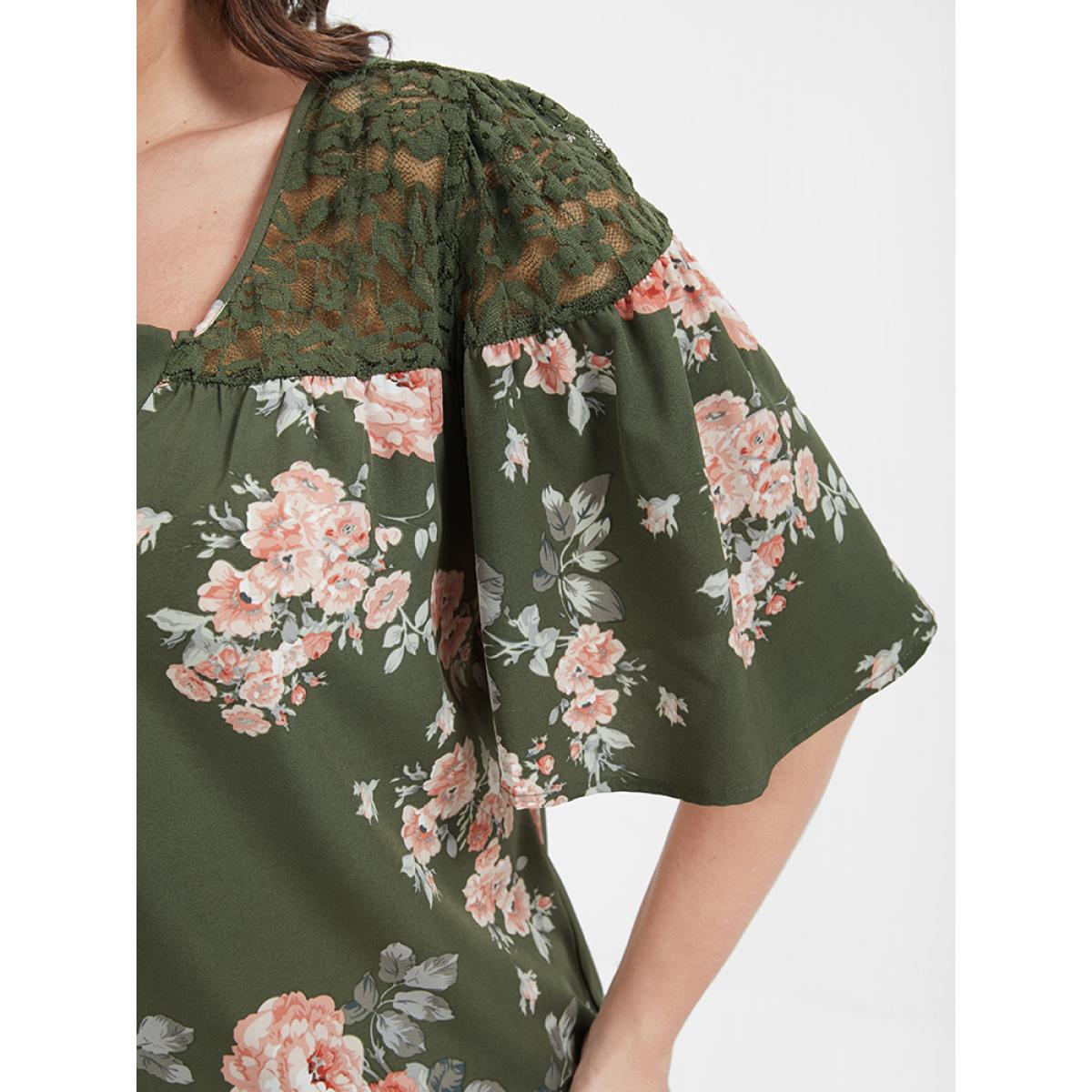 Plus Size Green Floral Contrast Lace Knotted Side Ruffled Blouse Women Elegant Half Sleeve V-neck Dailywear Blouses BloomChic 10/M Product Image