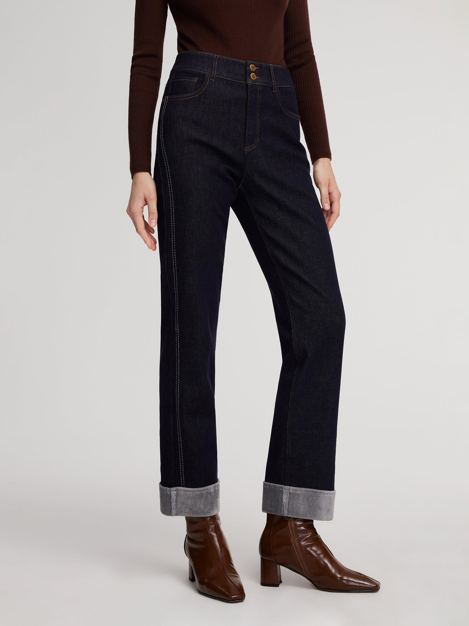 Denim High-Waisted Fleece Lined Women Folded Jeans Product Image