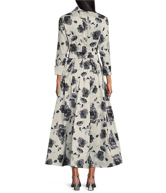 Marina Taffeta Collared V-Neck Long Sleeve Button Front Tie Sash Fit-and-Flare Midi Dress Product Image