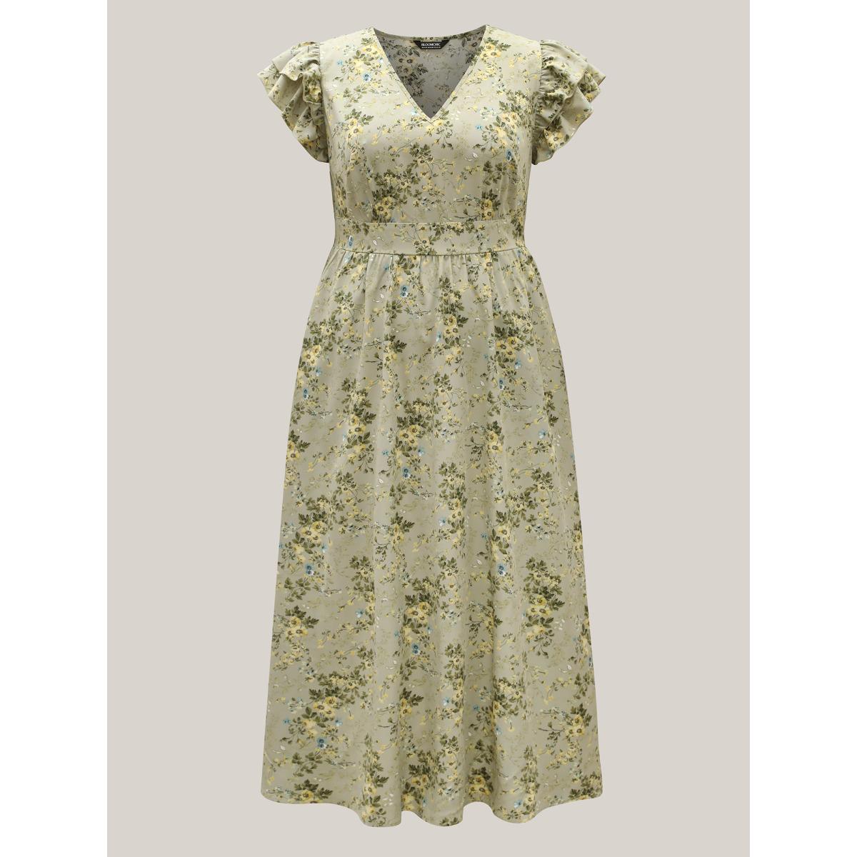 Plus Size Breezy Floral Print Flutter Sleeve Maxi Dress Sage Women V-neck Short sleeve Curvy BloomChic 30/6X Product Image