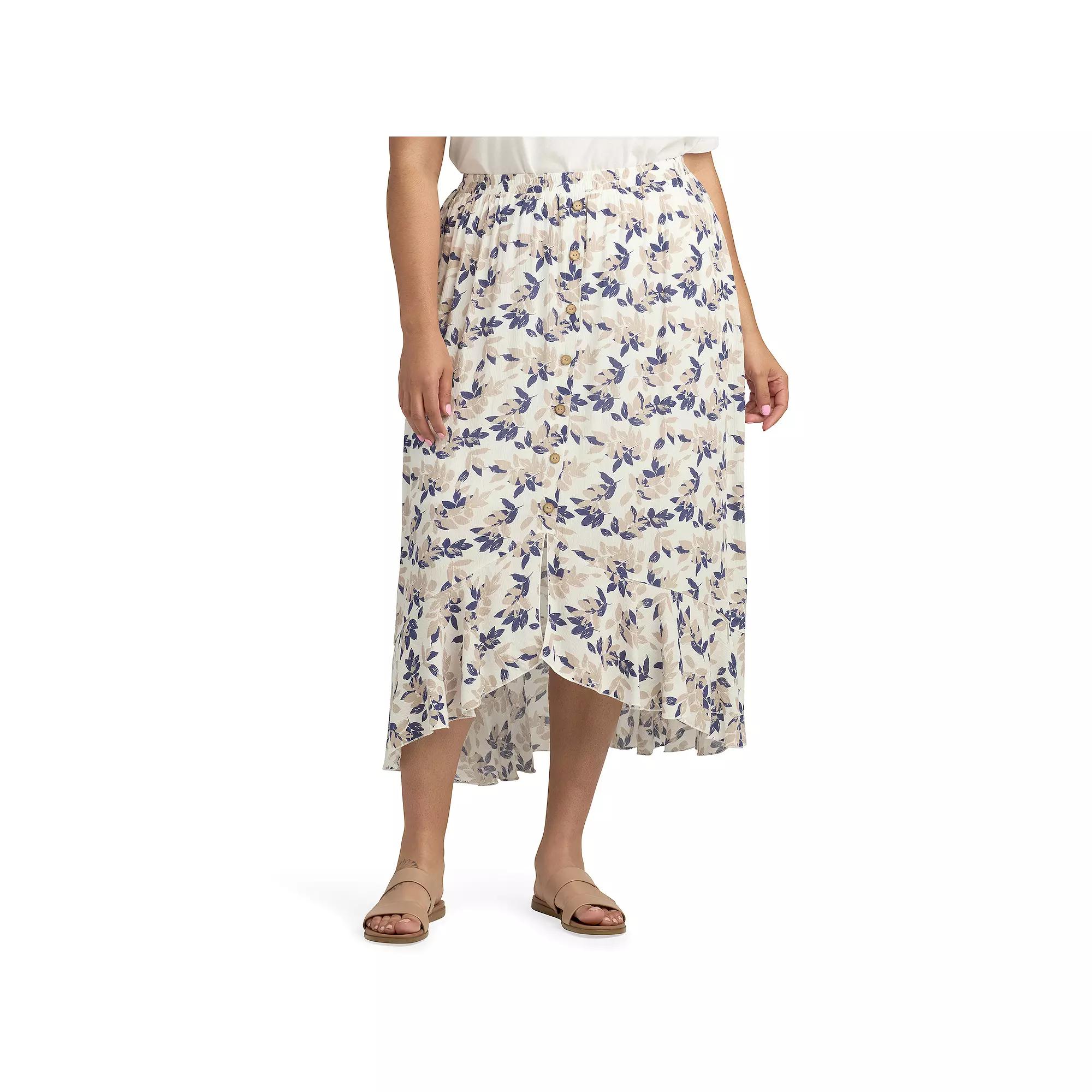 Plus Size AB Studio Pull On High-Low Ruffle Hem Skirt, Womens D Sand Blue Leaves Product Image