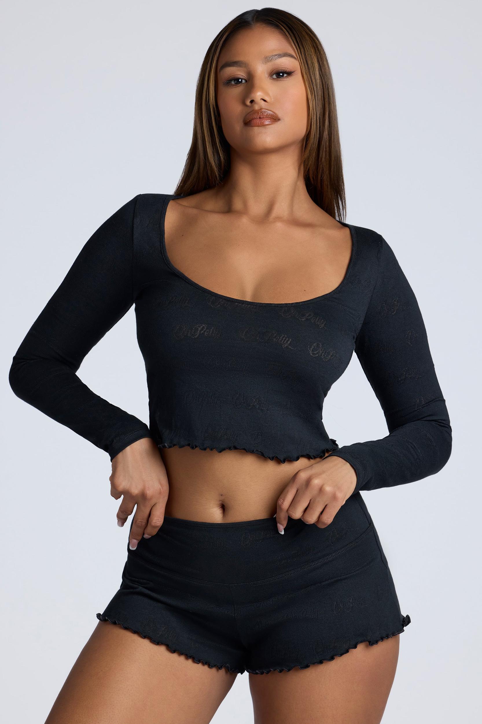 Long Sleeve Scoop Neck Pointelle Crop Top in Black Female Product Image