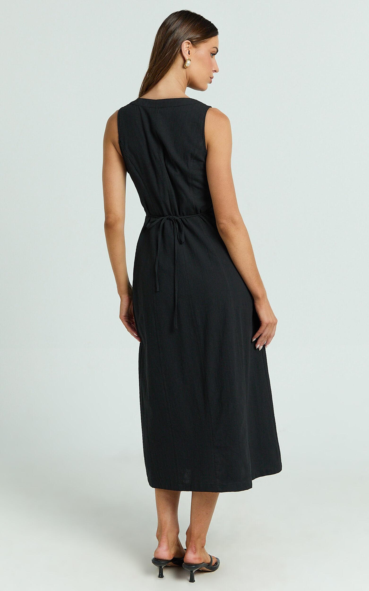 Juliet Midi Dress - Button Through V Neck Dress in Black Product Image