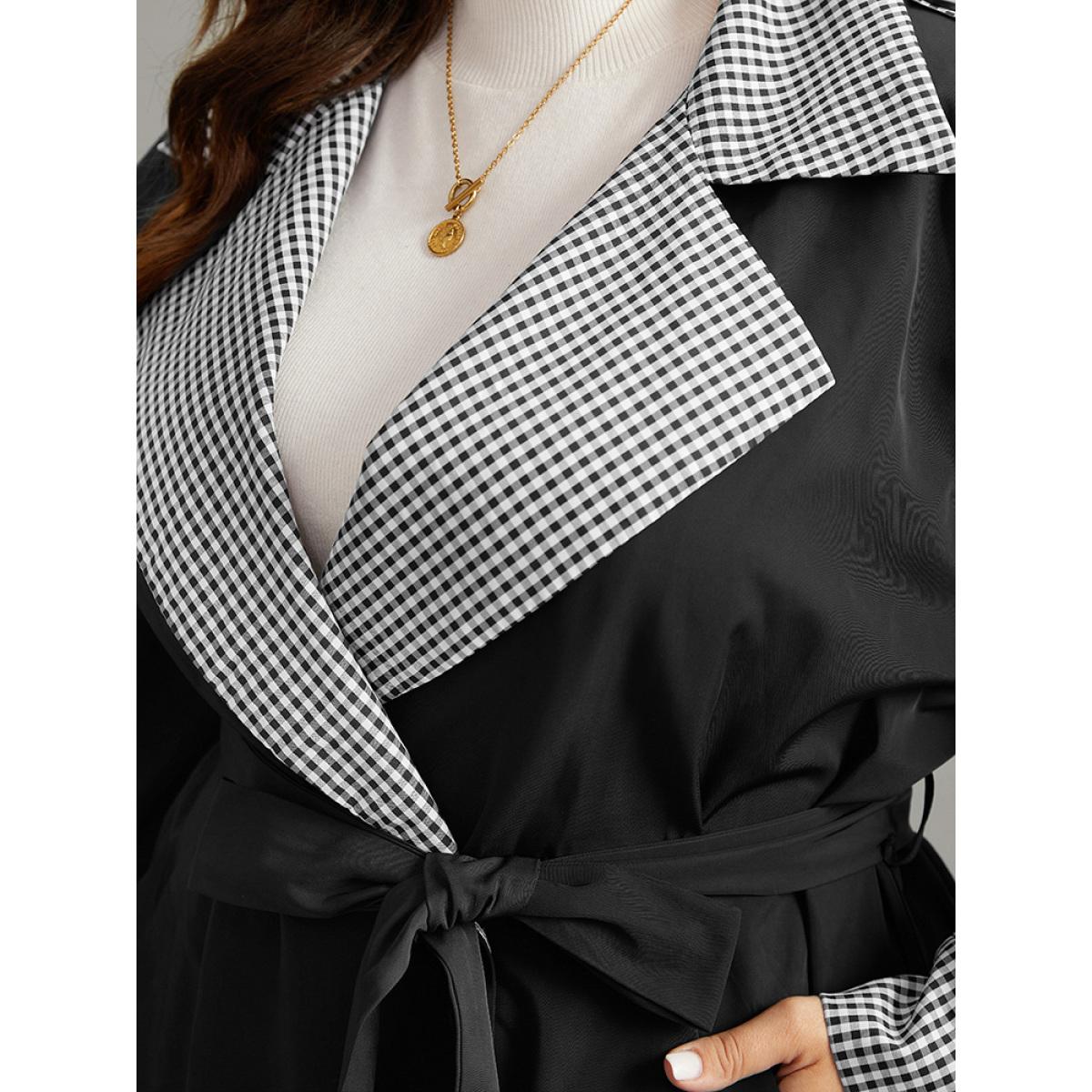 Plus Size Gingham Patchwork Belted Pocket Coat Women Black Casual Belted Ladies Dailywear Winter Coats BloomChic 12/L Product Image