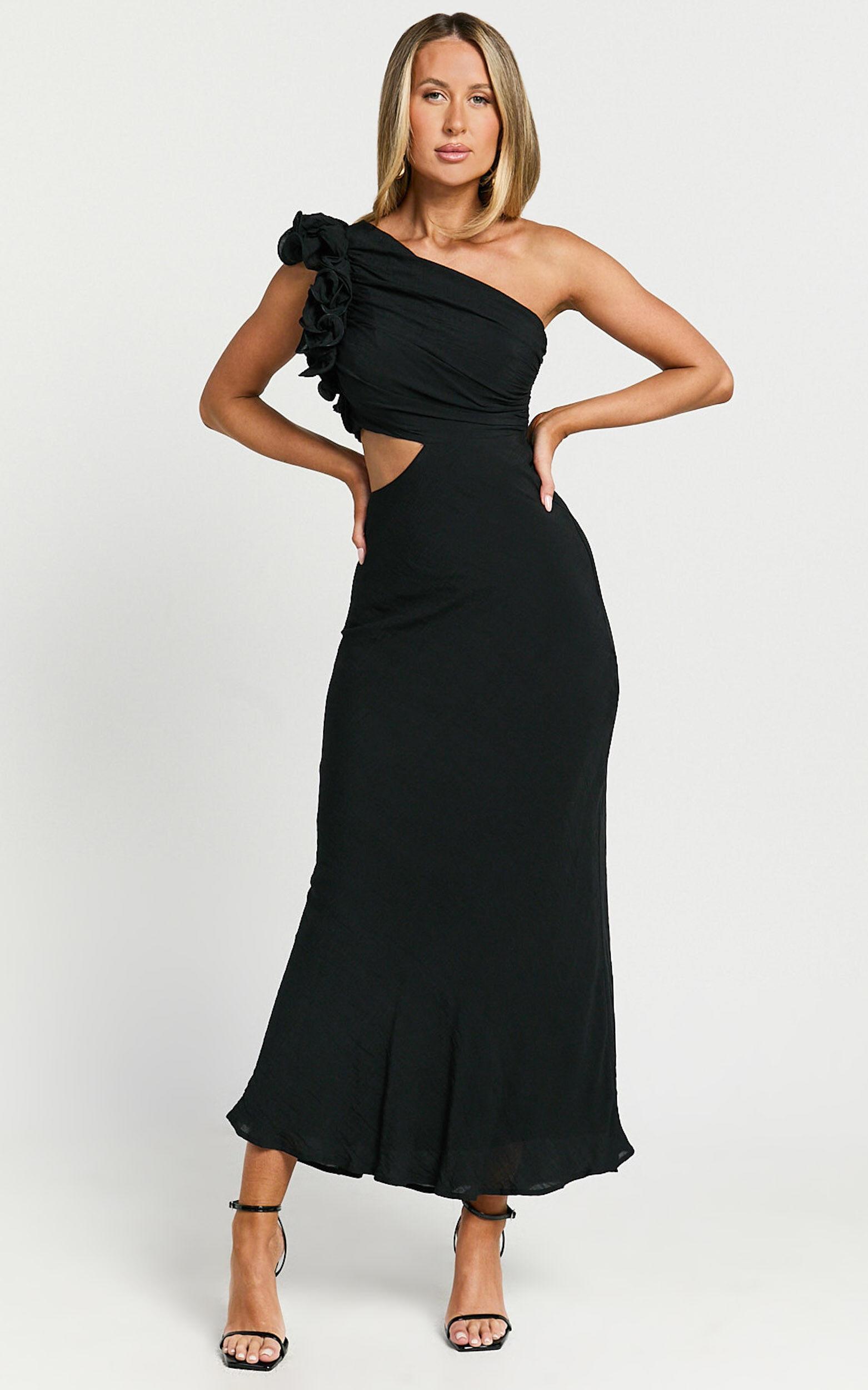Anessa Midi Dress - One Shoulder Ruffle Detail Side Cut Out Dress in Black Product Image