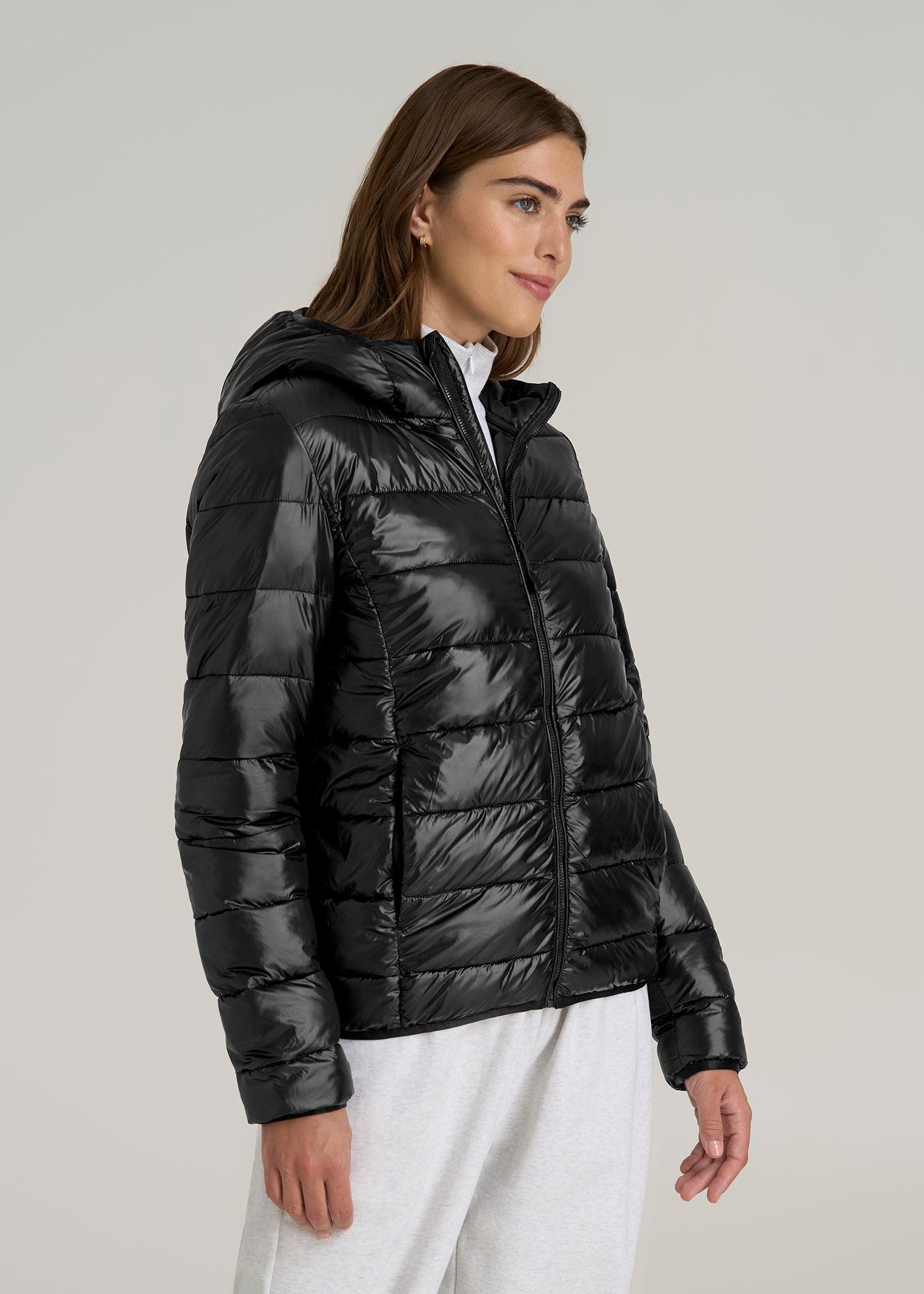 Packable Short Puffer Jacket for Tall Women in Glossy Black Female Product Image