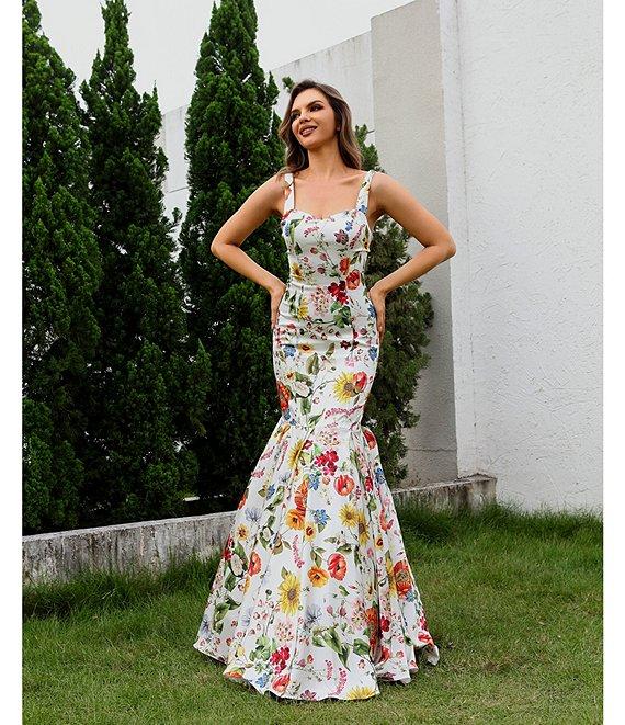 Terani Couture Sweetheart Neck Floral Printed Satin Sleeveless Mermaid Gown Product Image