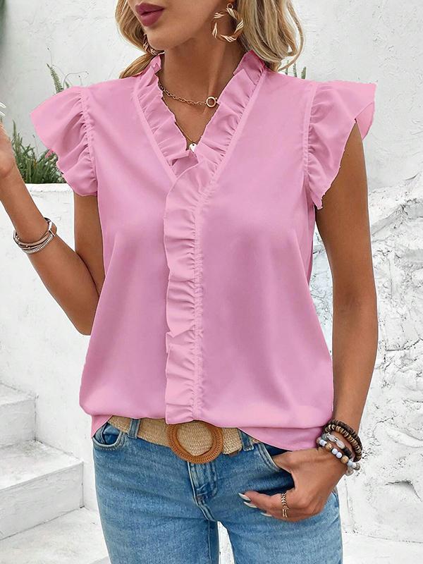 Loose Sleeveless Pleated Ruffle Trim Solid Color V-Neck Blouses&Shirts Tops Product Image