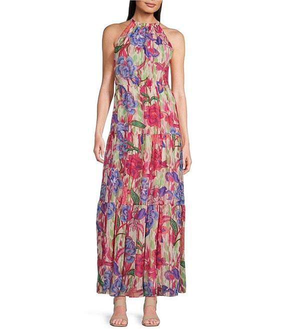 Leslie Fay Halter Neck Sleeveless Floral Chiffon Maxi Dress Product Image