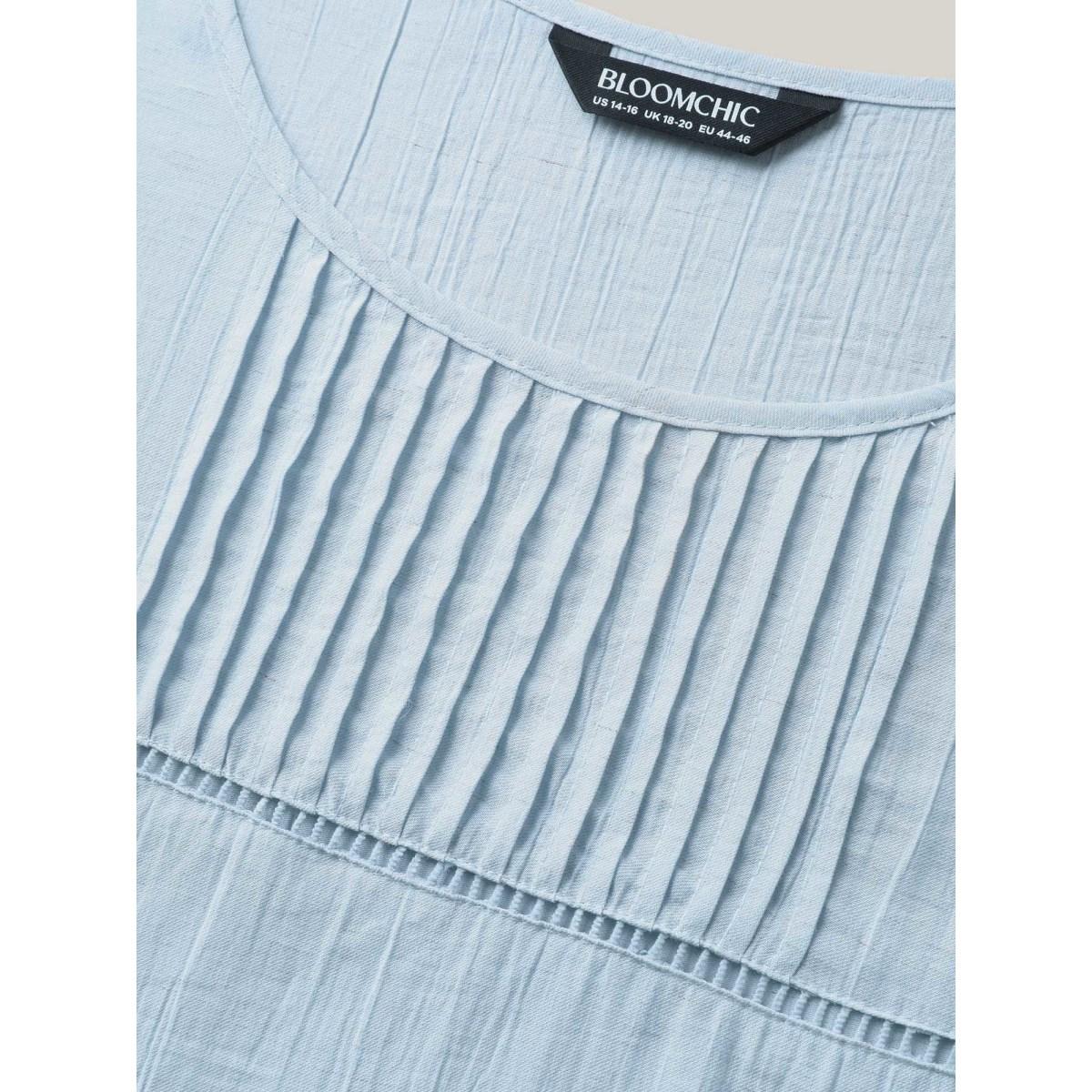 Plus Size LightBlue Supersoft Cotton Linen Blend Ruffled Blouse Women Boho Cap Sleeve Round Neck Vacation Blouses BloomChic 22-24/3X Product Image