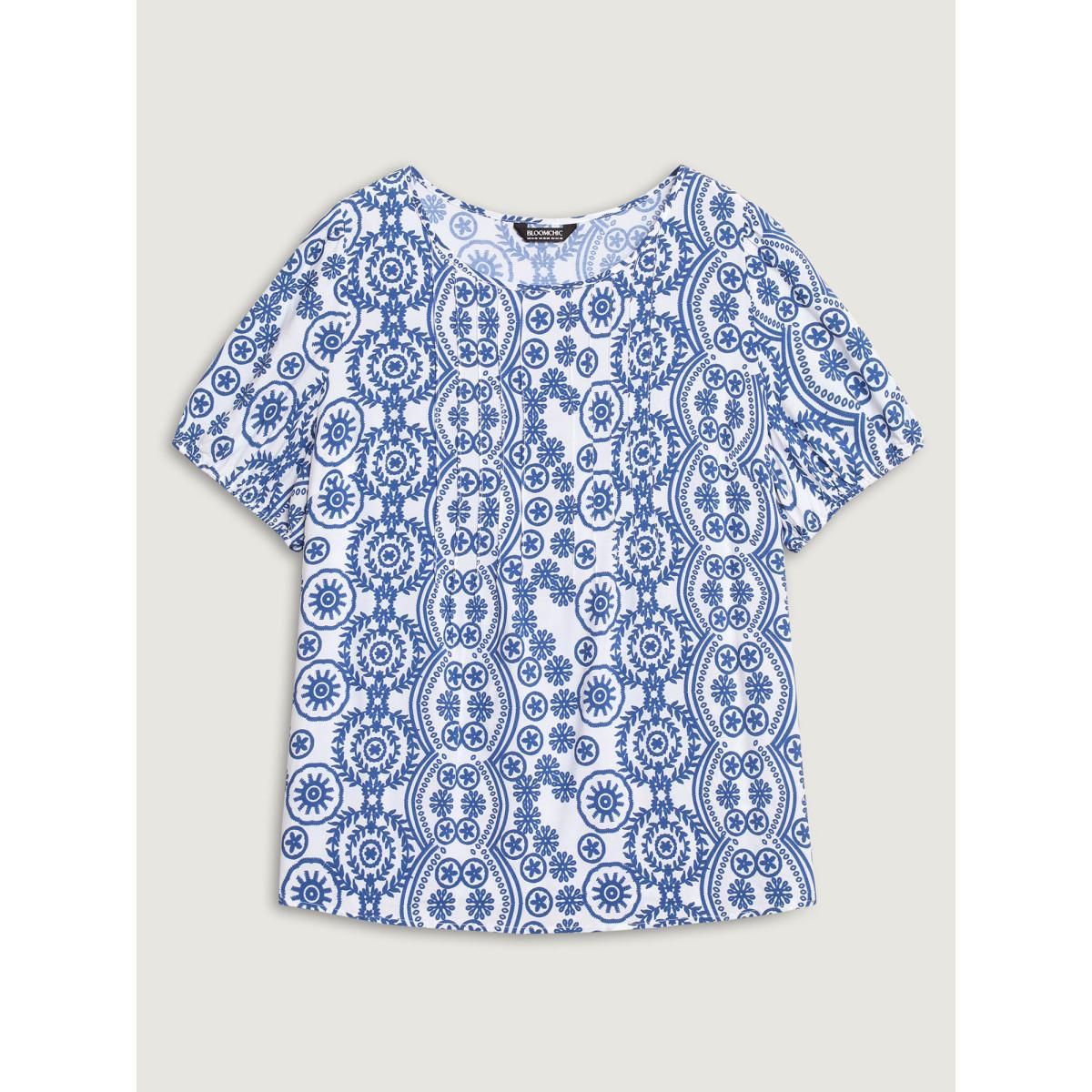 Plus Size DarkBlue Boho Print Toothpick Pleat Blouse Women Short sleeve Round Neck Vacation Blouses BloomChic 10/M Product Image