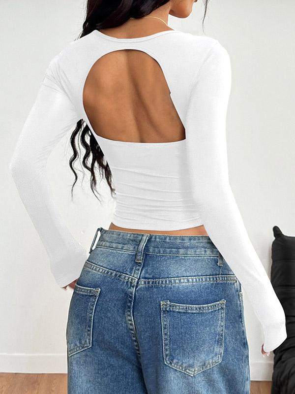Long Sleeves Skinny Backless Pleated Solid Color Square-Neck T-Shirts Tops Product Image