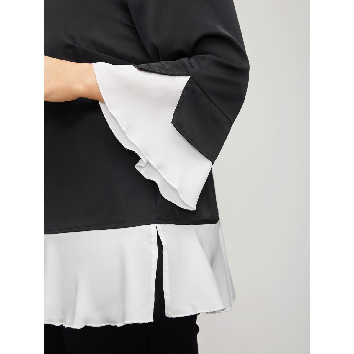 Plus Size Black Contrast Patchwork Bell Sleeve Blouse Women Romantic Elbow-length sleeve Round Neck Elegant Blouses BloomChic 10/M Product Image