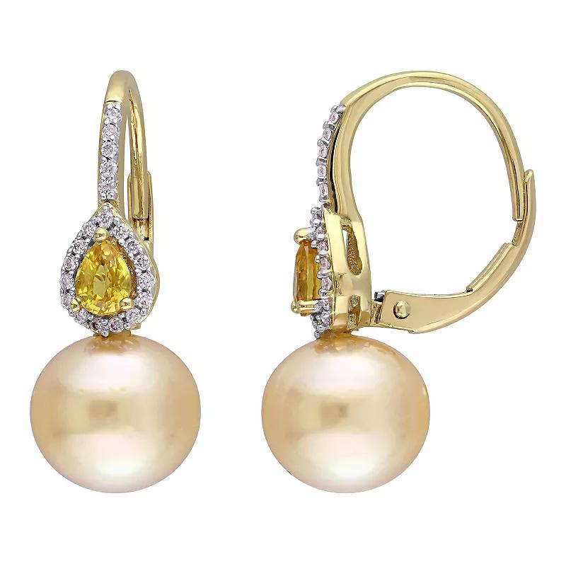Stella Grace 14k Gold South Sea Cultured Pearl, Yellow Sapphire & 1/8 Carat T.W. Diamond Drop Leverback Earrings, Women's Product Image