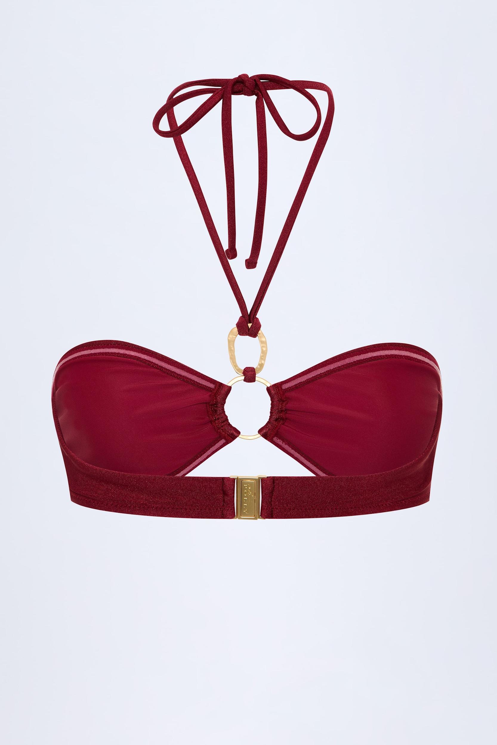 Hardware-Detail Ruched Halterneck Bikini Top in Dark Cherry Product Image