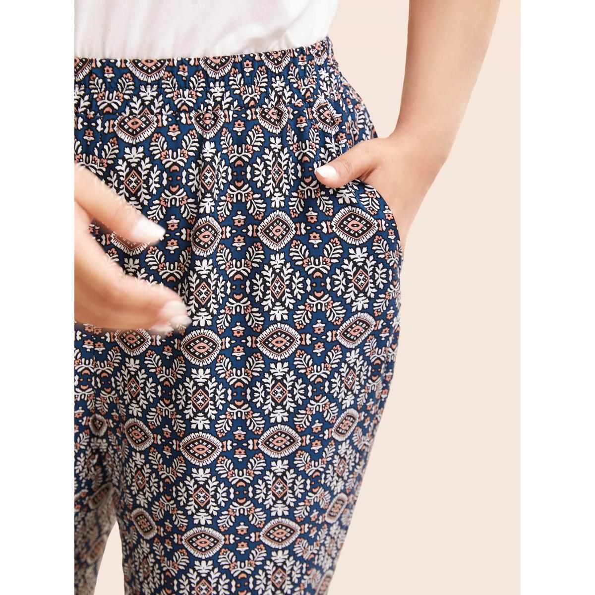 Plus Size Boho Print Elastic Waist Wide Leg Pants Women Indigo Resort Wide Leg Mid Rise Vacation Pants BloomChic 30/6X Product Image