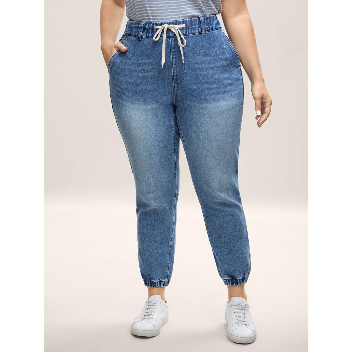 Plus Size Drawstring Waist Jogger Boyfriend Jeans Women Midblue Leisure Medium stretch Slanted pocket Jeans BloomChic 28/5X Product Image