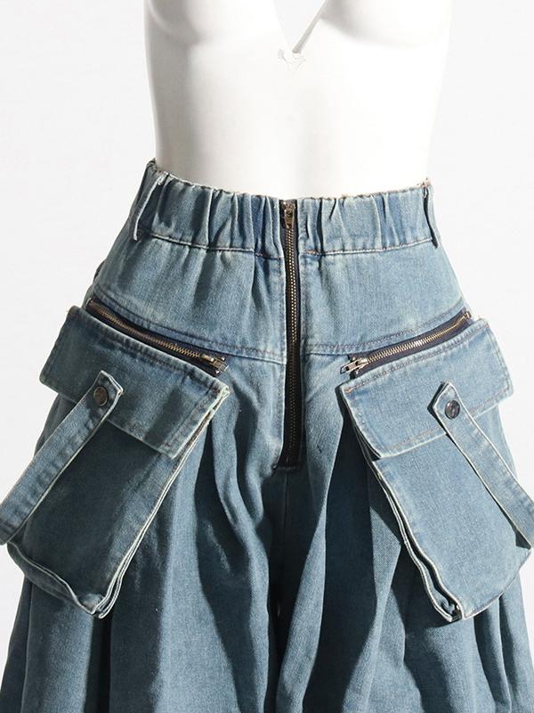 Loose Wide Leg Pleated Pockets Split-Joint Zipper Jean Pants Bottoms Product Image