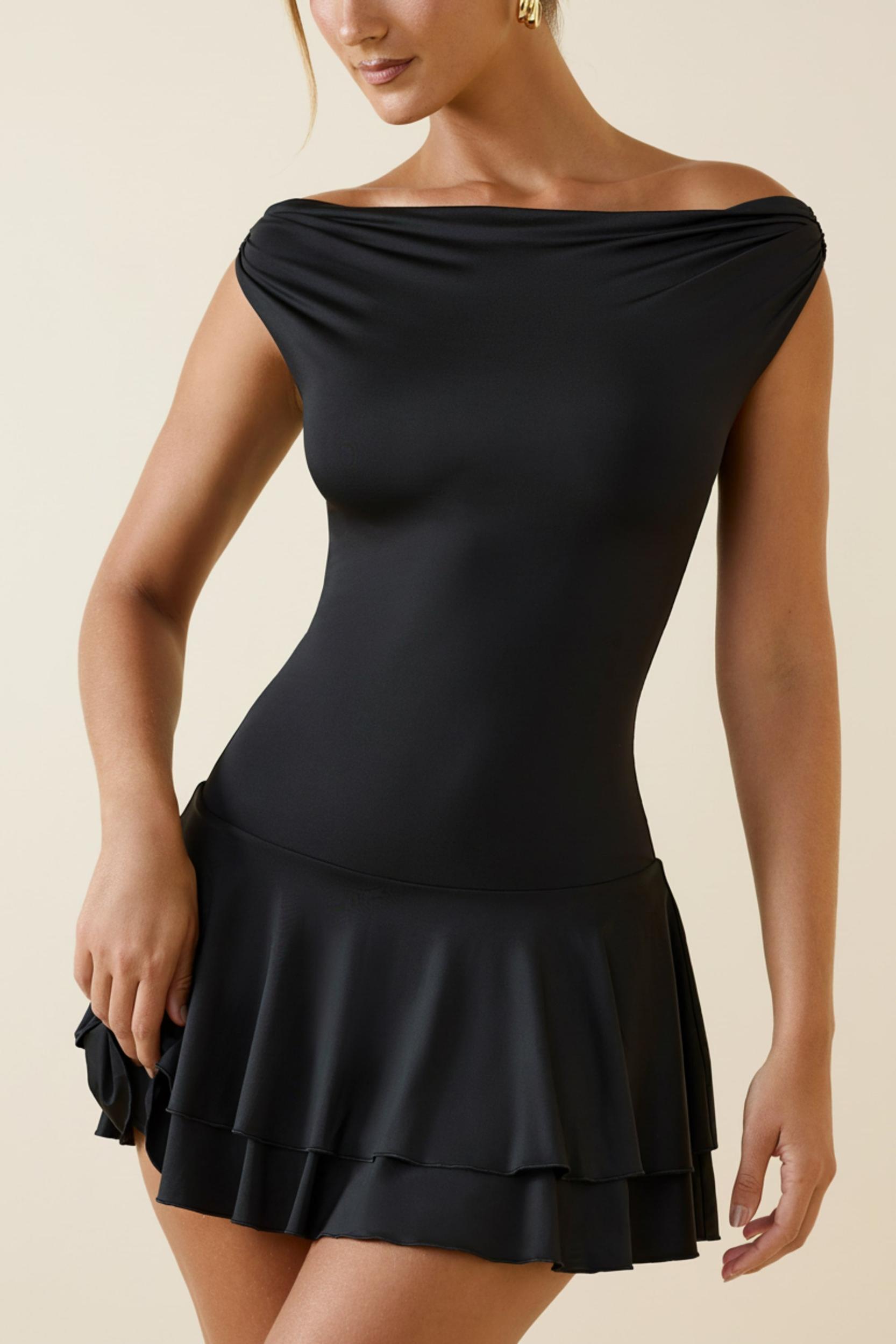 Off-Shoulder Ruffled Mini Dress in Black Product Image