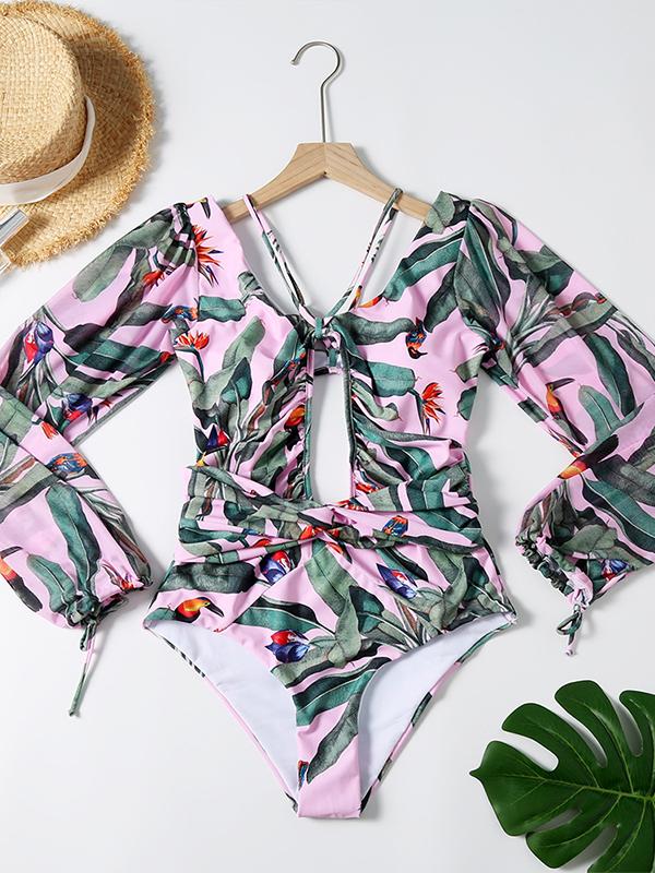 Cutout Irregular Print Backless Lantern Sleeve One-Piece Product Image