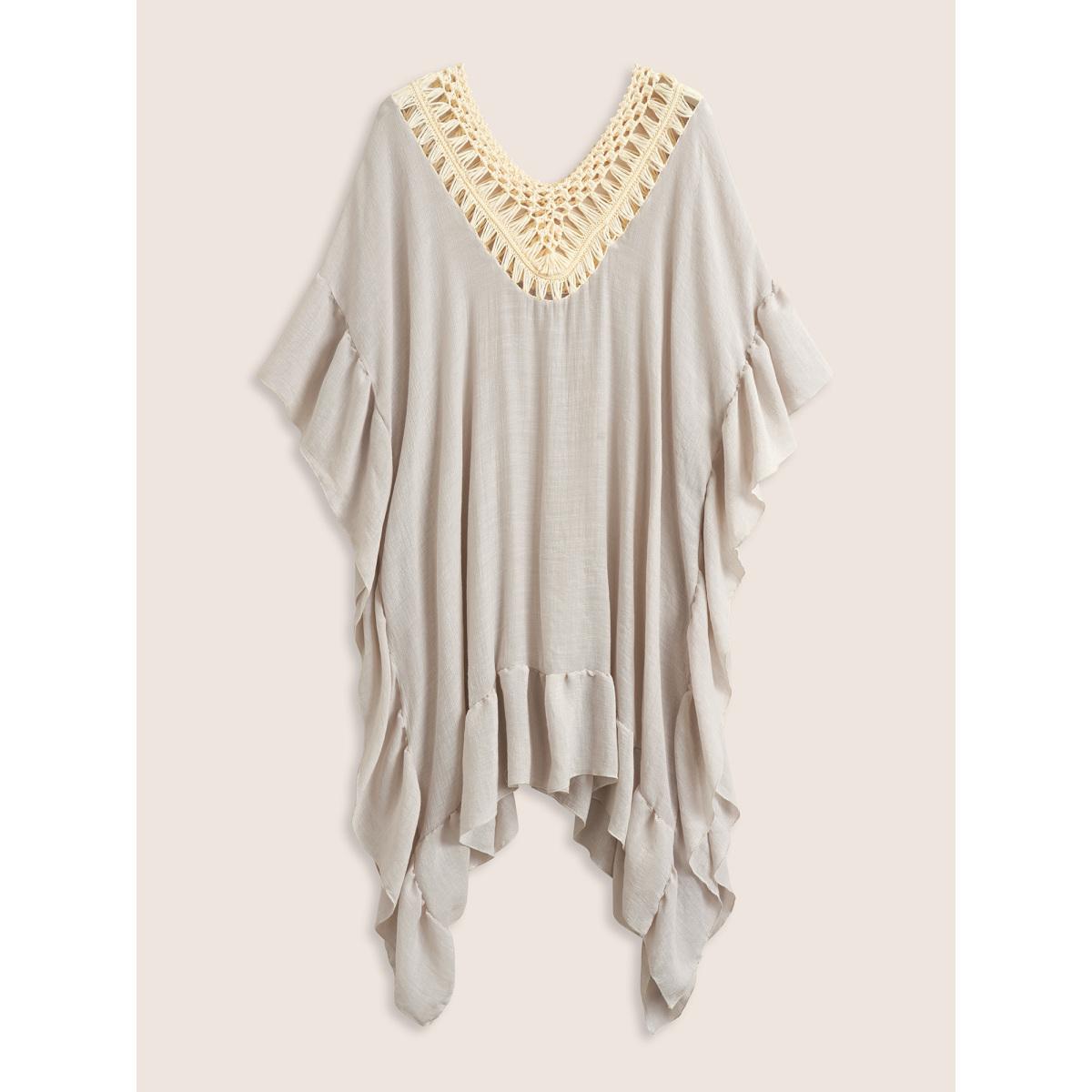 Plus Size Woven Neck Ruffles Hanky Hem Swim Cover Up Women's Swimwear MistyRose Beach Loose Crochet Curve Swim Cover Ups BloomChic 10/M Product Image