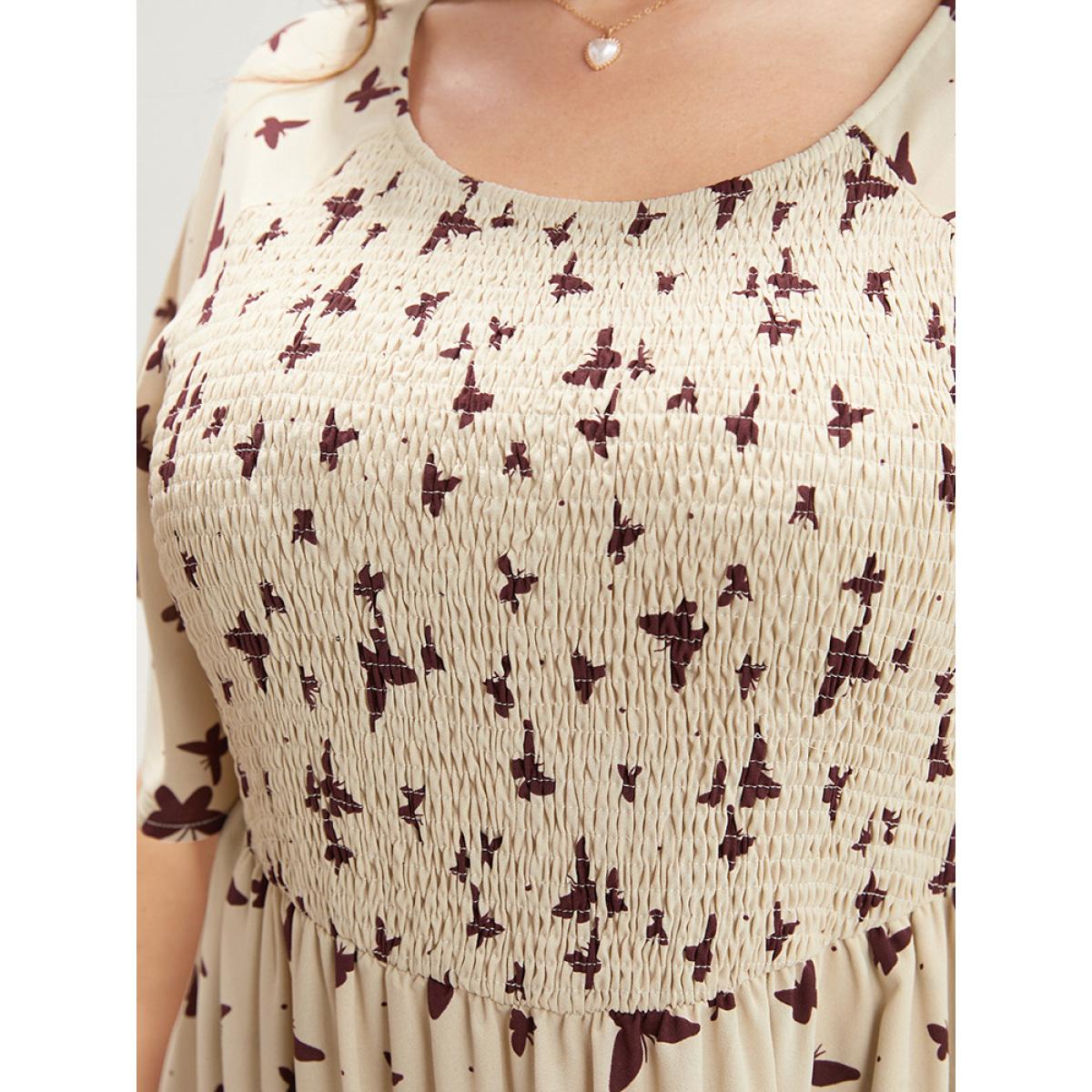 Plus Size Butterfly Print Shirred Raglan Sleeve Pocket Flutter Dress Apricot Women Elegant Gathered Round Neck Half Sleeve Curvy Midi Dress BloomChic 22-24/3X Product Image