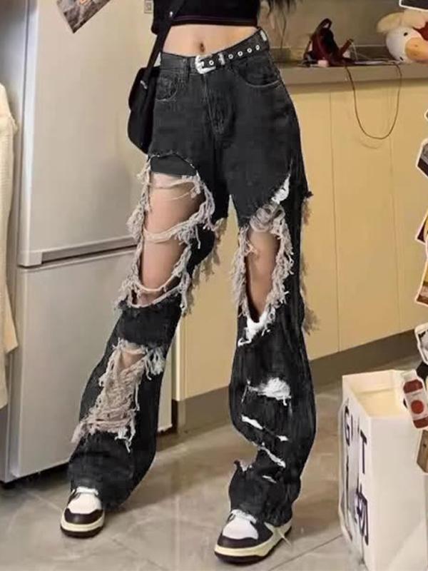 Raw Fringed Loose Ripped High-Rise Ripped Jeans Product Image