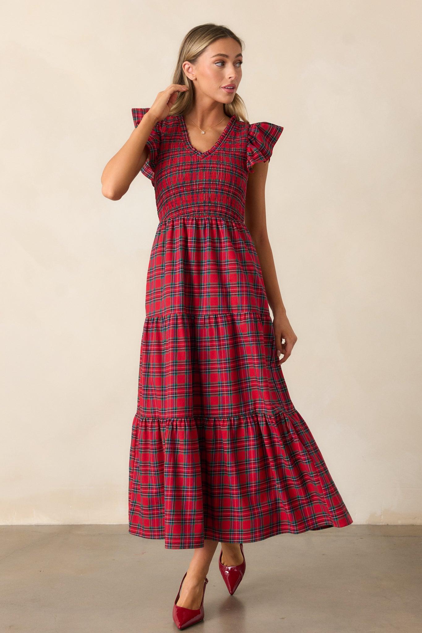 A Place To Be Cotton Red Plaid Midi Dress Product Image