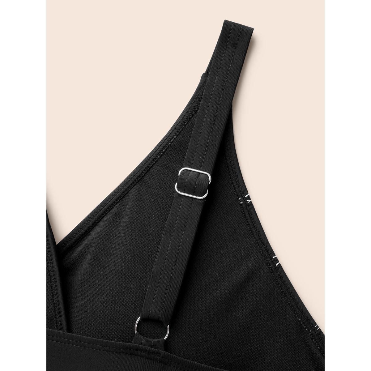 Plus Size Embroidered Surplice Neck Adjustable Swim Top Women's Swimwear Black Resort High stretch Skinny Overlap Collar Curve Swim Tops BloomChic 26/4X Product Image