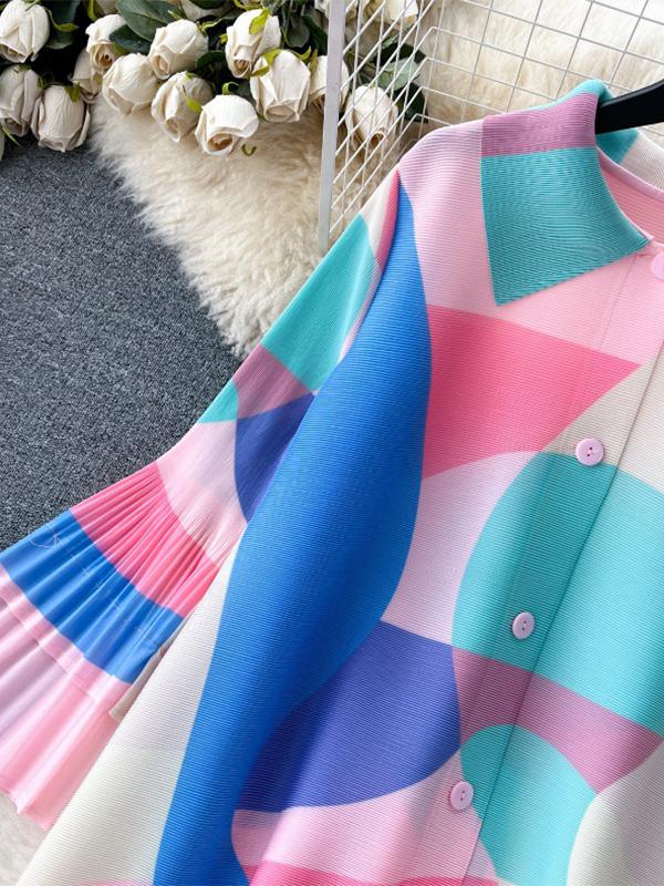 Flared Sleeves Loose Belted Contrast Color Pleated Midi Dresses Product Image