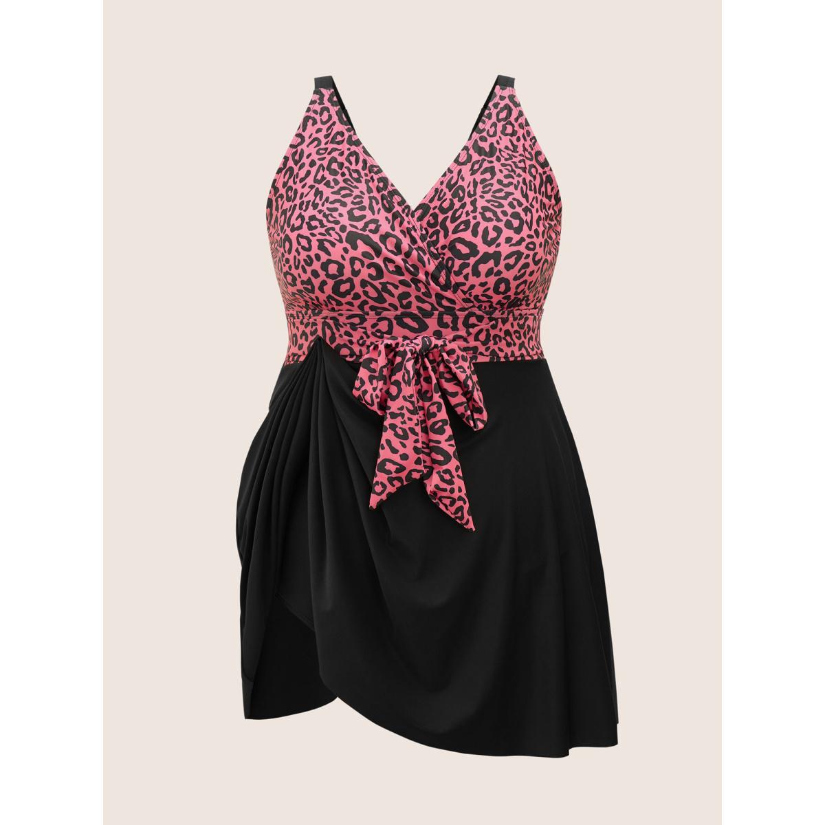 Plus Size Leopard Print Patchwork Tie Knot Swim Dress Women's Swimwear Leopard Beach Bodycon Overlap Collar High stretch Curve Swim Dresses BloomChic 14-16/1X Product Image