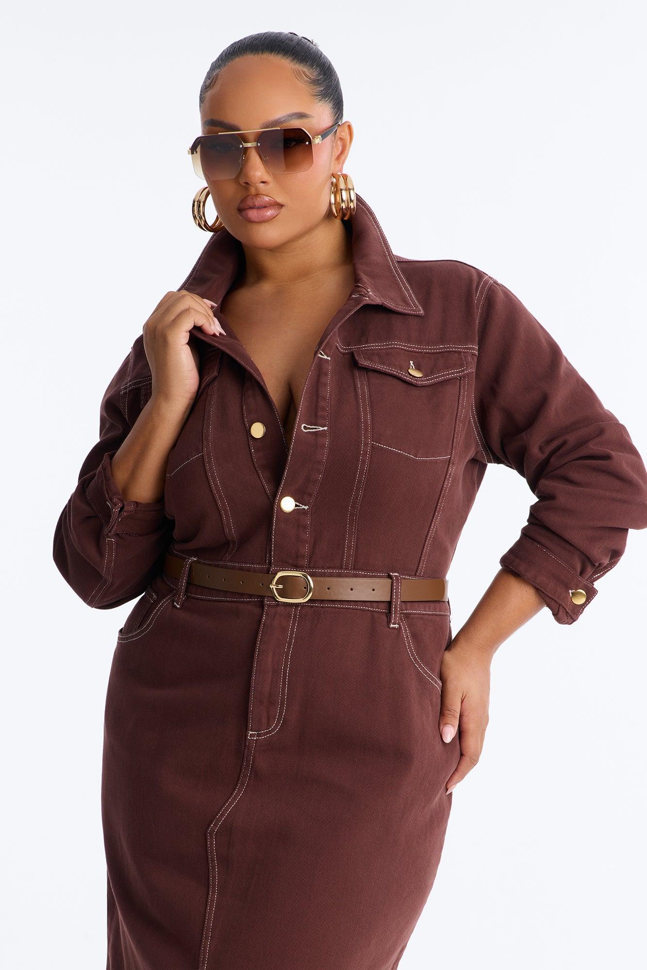 Harper Belted Denim Midi Dress - Brown Female Product Image